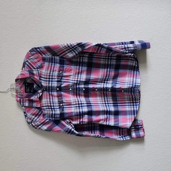 American Eagle Outfitters Tops - AMERICAN EAGLE Button Down Shirt Plaid Pearl Snaps Size Medium Pink & Blue